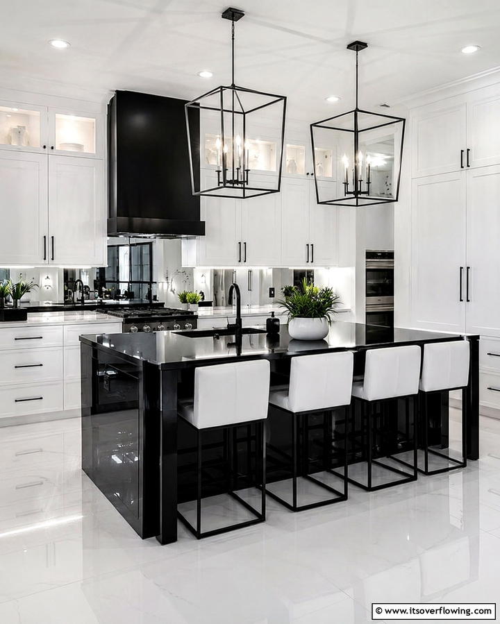 High Contrast Drama - 20 White Kitchen Ideas With Black Island for Contrast