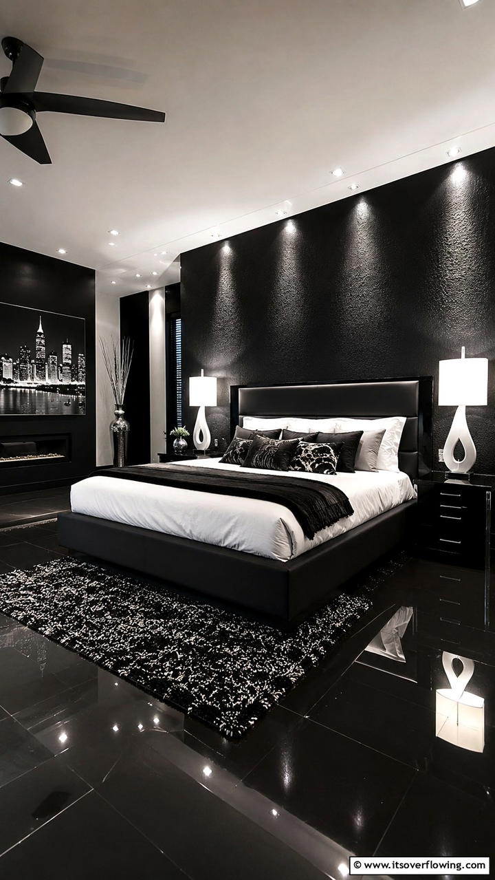 High Contrast Drama - 30 Dark Bedroom Ideas- Moody and Sophisticated Retreat