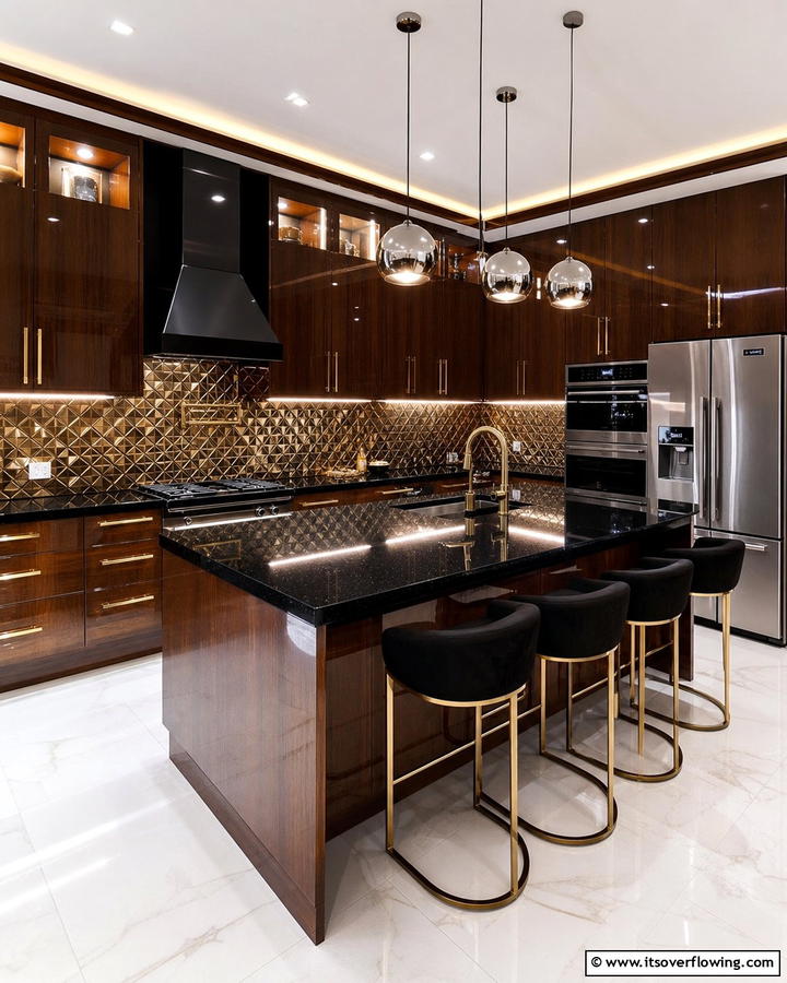 High Contrast Drama with Glossy Finishes - 20 Kitchen Ideas with Brown Cabinets and Black Countertops