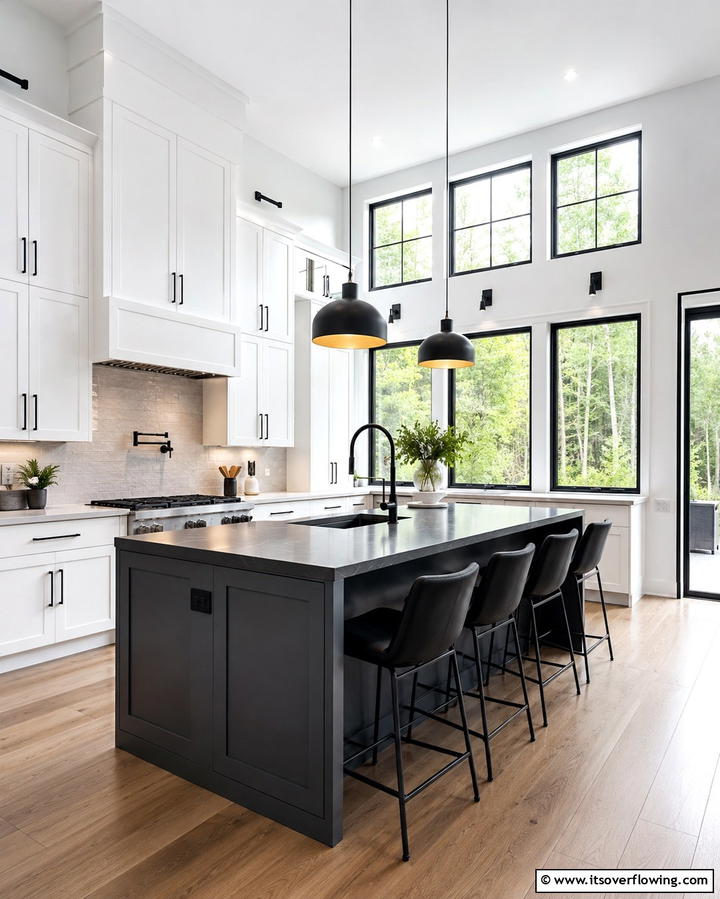 High Contrast Drama with White Cabinets and Charcoal Grey Island - 25 White Kitchen Cabinets with Grey Island Ideas