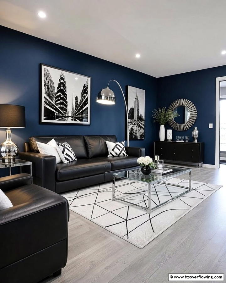 High Contrast Drama - 20 Grey Floor Living Room with Blue Walls Ideas
