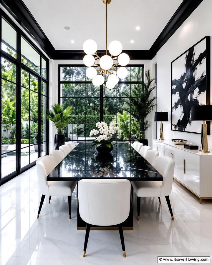 High Contrast Elegant Dining - 30 Sunroom Dining Room Ideas for Bright and Airy Meals