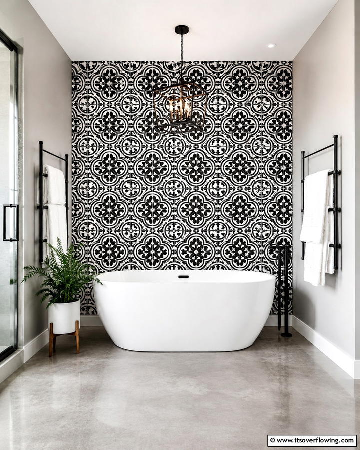 High Contrast Feature Wall - 30 Striking Black & White Bathroom Tile Designs for Timeless Style