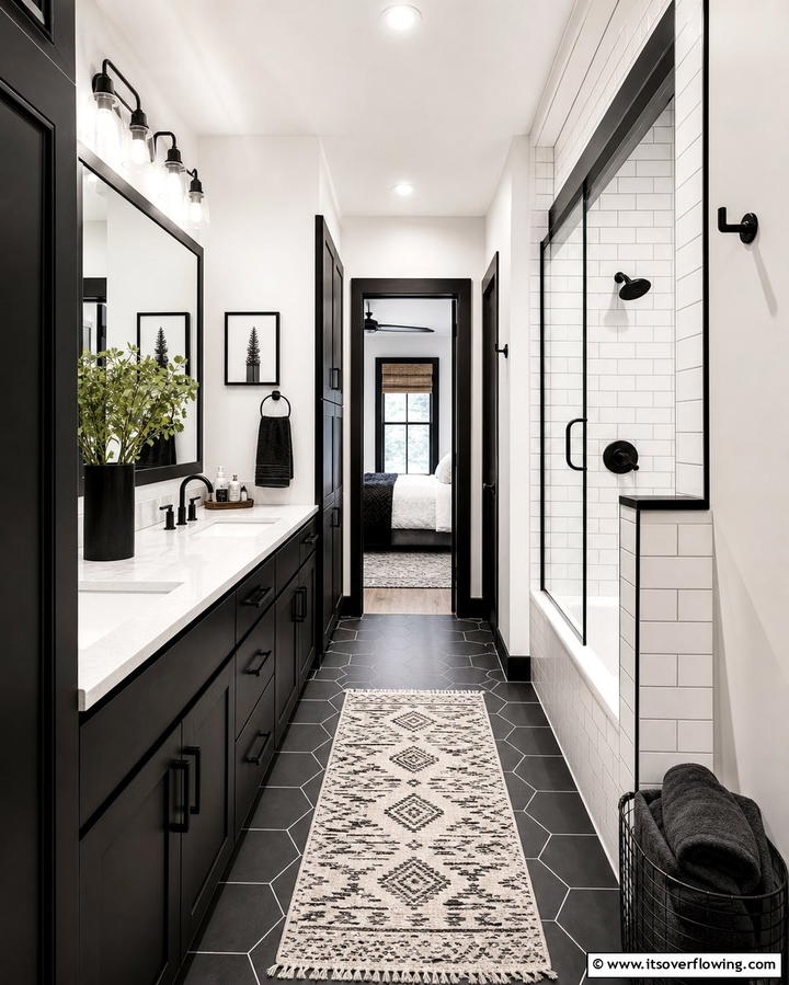 High Contrast Fixtures - 25 Hallway Bathroom Ideas to Maximize Small Spaces