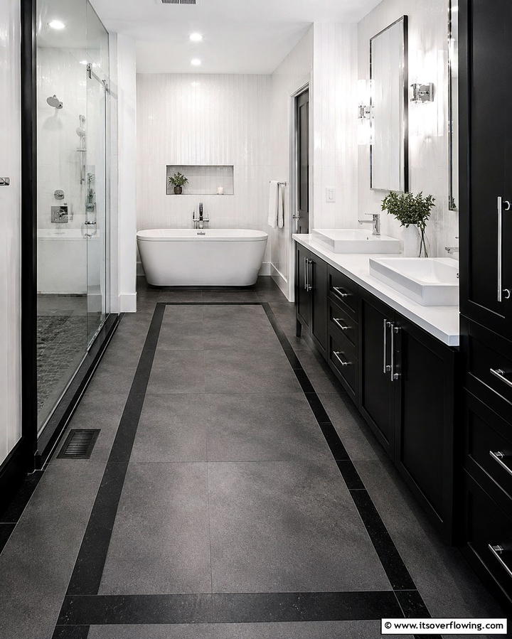 High Contrast Gray and Black Bathroom Floors - 30 Gray Floor Bathroom Design Ideas for Sleek Minimalism
