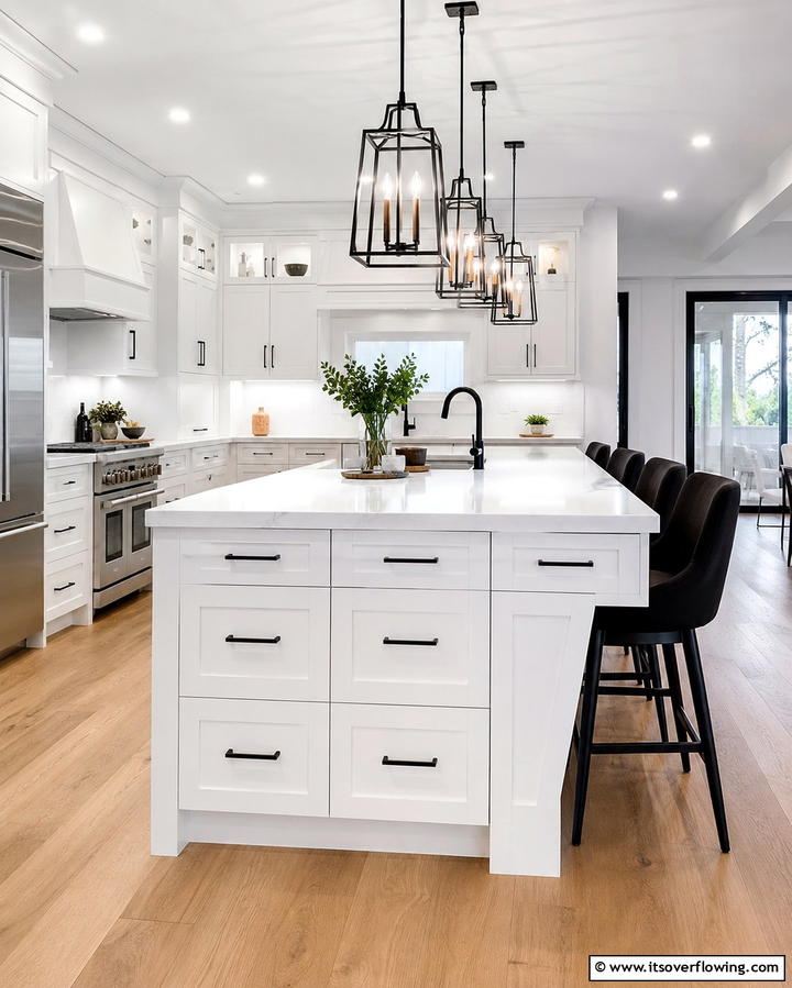 High Contrast Island Focus - 20 White Kitchen Cabinets With Black Hardware Ideas