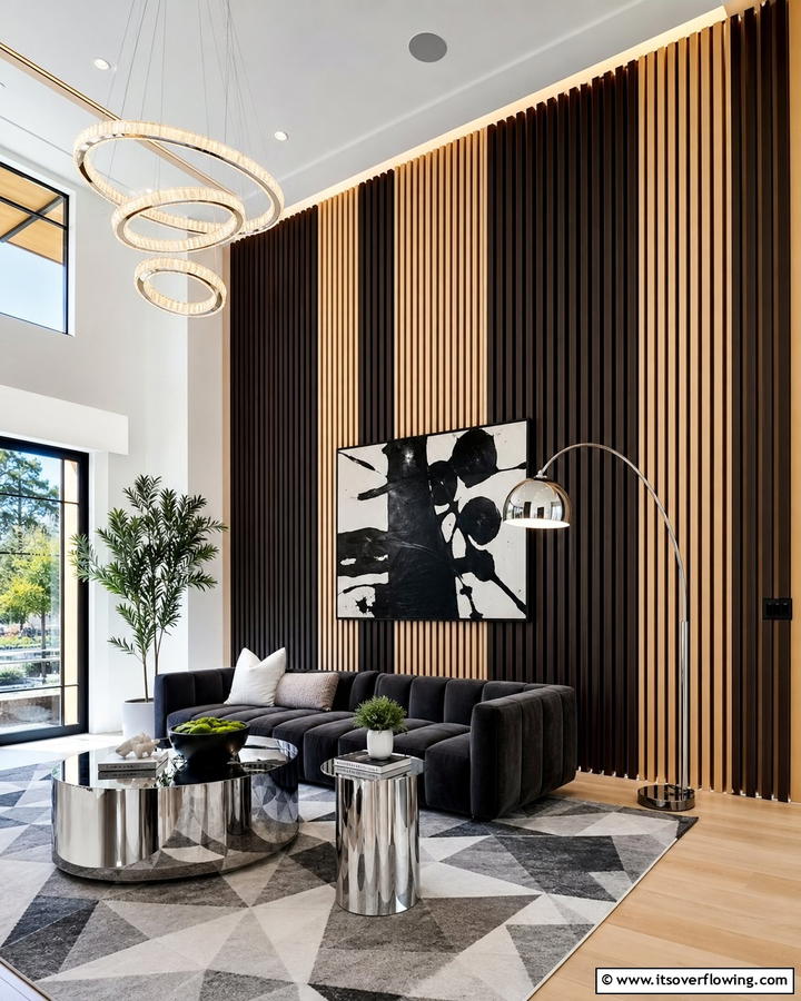 High Contrast Modern Vibe - 21 Wood Slat Accent Wall Ideas to Elevate Your Interior Design