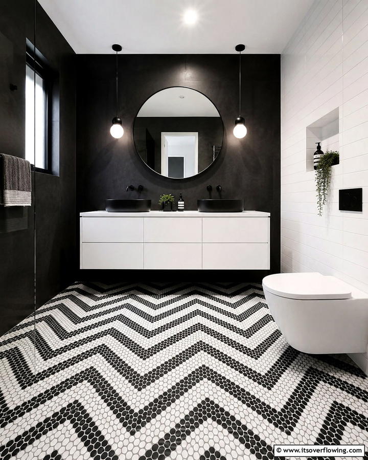High Contrast Penny Tiles - 25 Penny Tile Bathroom Floor Ideas for a Unique Look