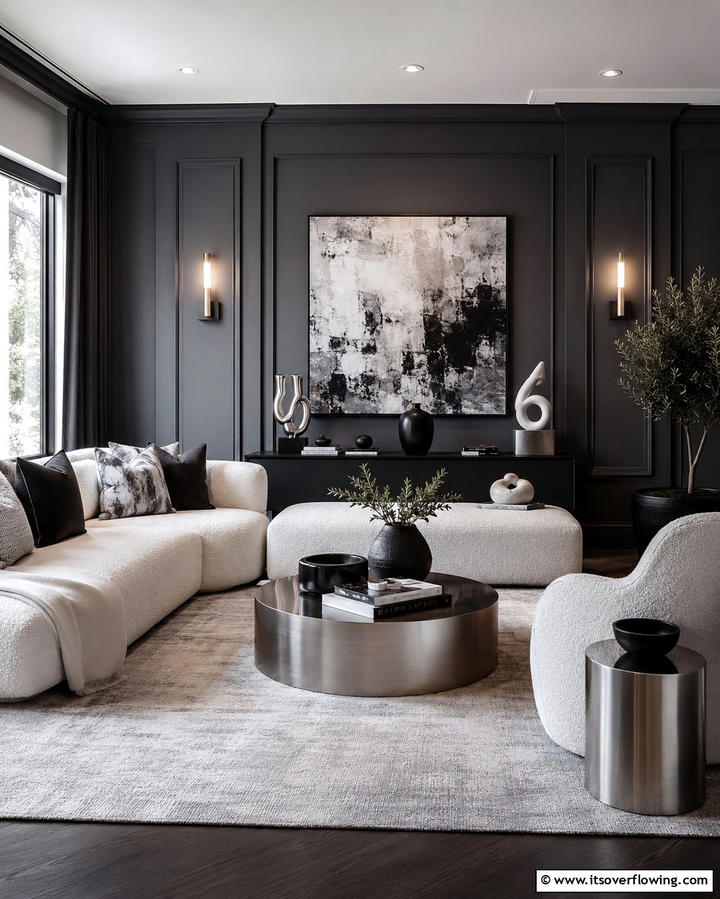 High Contrast Textures - 30 Striking Contrasting Living Rooms Featuring Dark Grey Walls