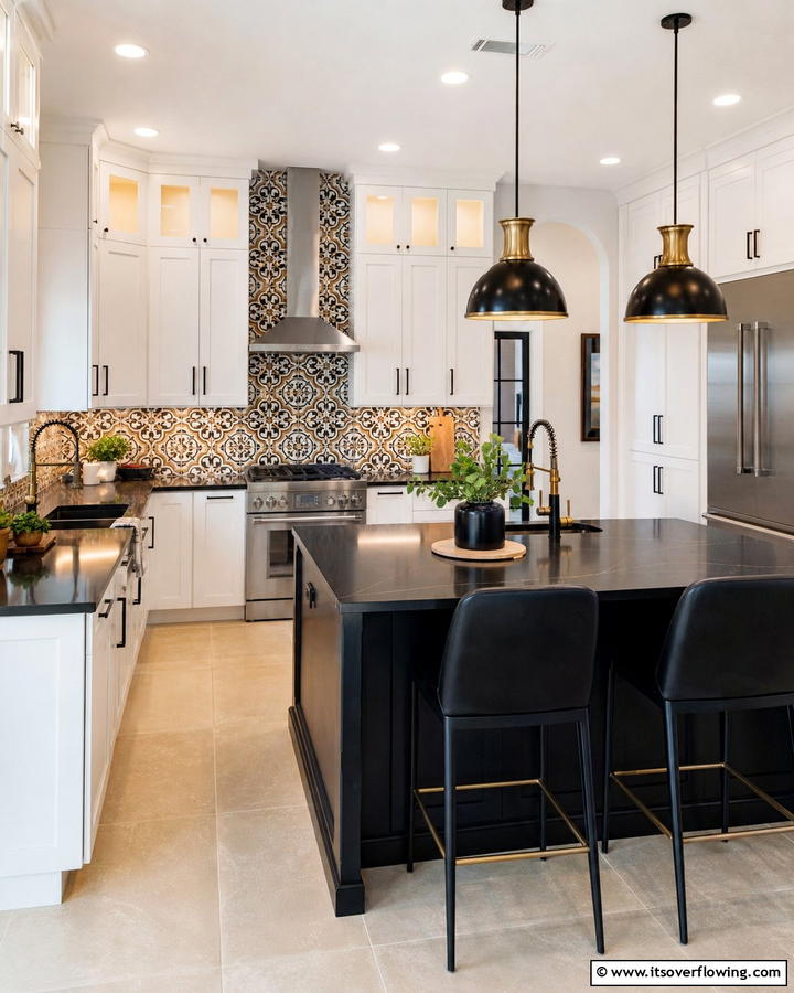 High Contrast with Bold Backsplashes - 20 Kitchen Ideas with Dark Countertops and Light Cabinets