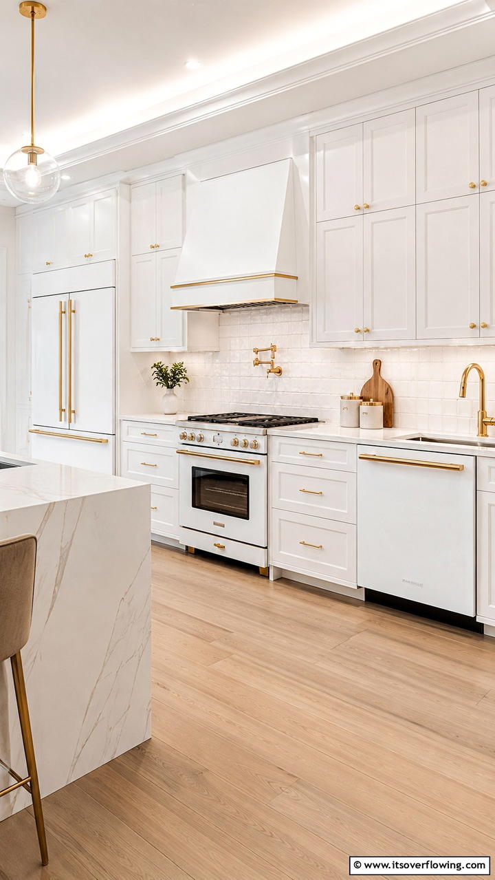 High End Appliances in White with Gold Finishes - 21 White and Gold Kitchen Ideas for Timeless Elegance