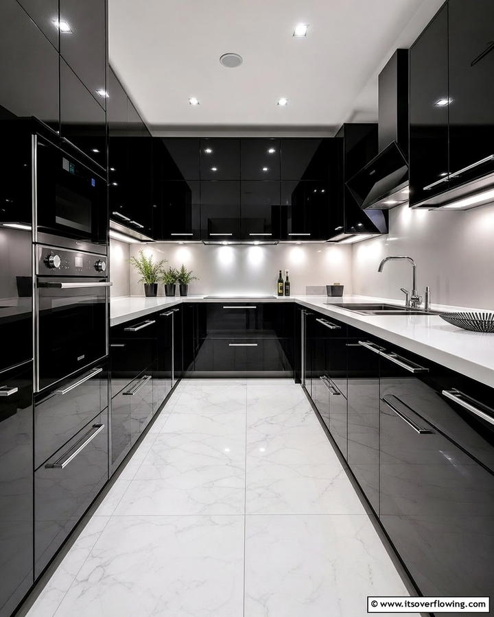 High Gloss Black Cabinets With White Solid Surface Countertops - 20 Black Kitchen Cabinets With White Countertops Ideas