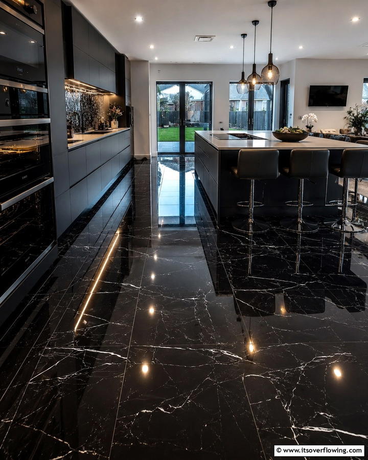 High Gloss Black Ceramic Tiles - 25 Black Kitchen Floor Ideas for a Sleek and Stylish Space
