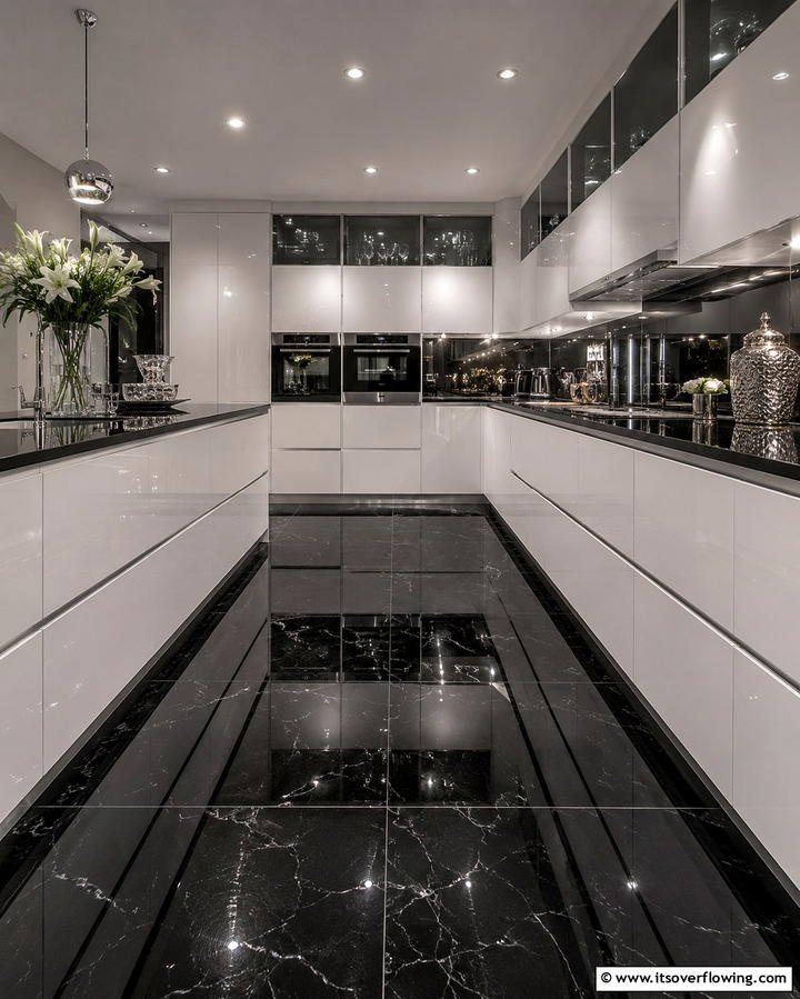 High Gloss Black Floors for a Luxurious Look - 25 Black Kitchen Floor Ideas for a Sleek and Stylish Space