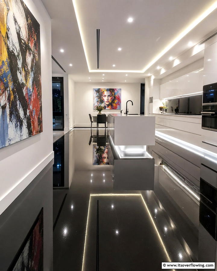 High Gloss Black Resin Finish - 30 Sleek Black Floor Kitchen Ideas for Contemporary Designs