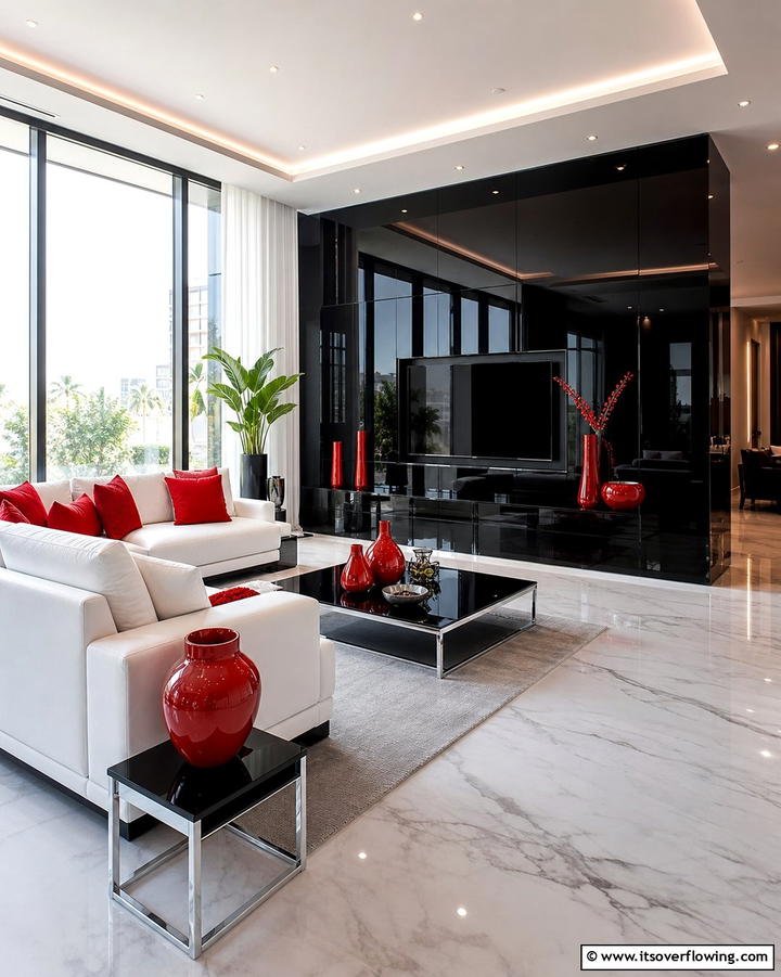 High Gloss Black Walls with Red Accents - 25 Black and Red Living Room Ideas for a Dramatic Look