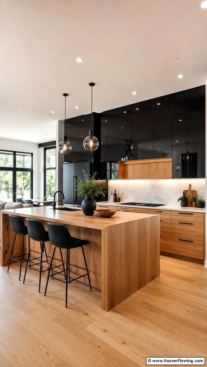 High Gloss Black with Warm Wood Accents - 30 Black Kitchen Cabinet Ideas for Bold Modern Spaces