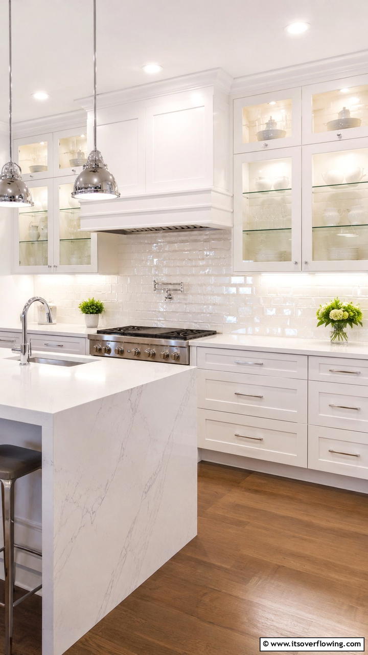 High Gloss Ceramic Shine - 21 White Cabinet Kitchen Backsplash Ideas for Contrast