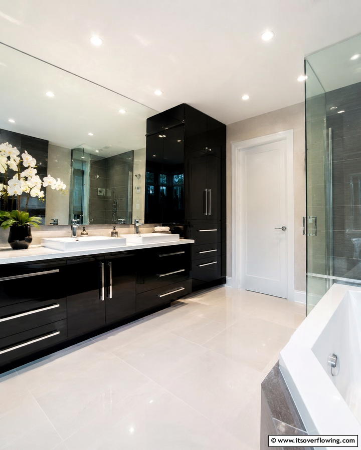 High Gloss Finishes - 30 Black Cabinet Bathroom Ideas for Dramatic Modern Spaces