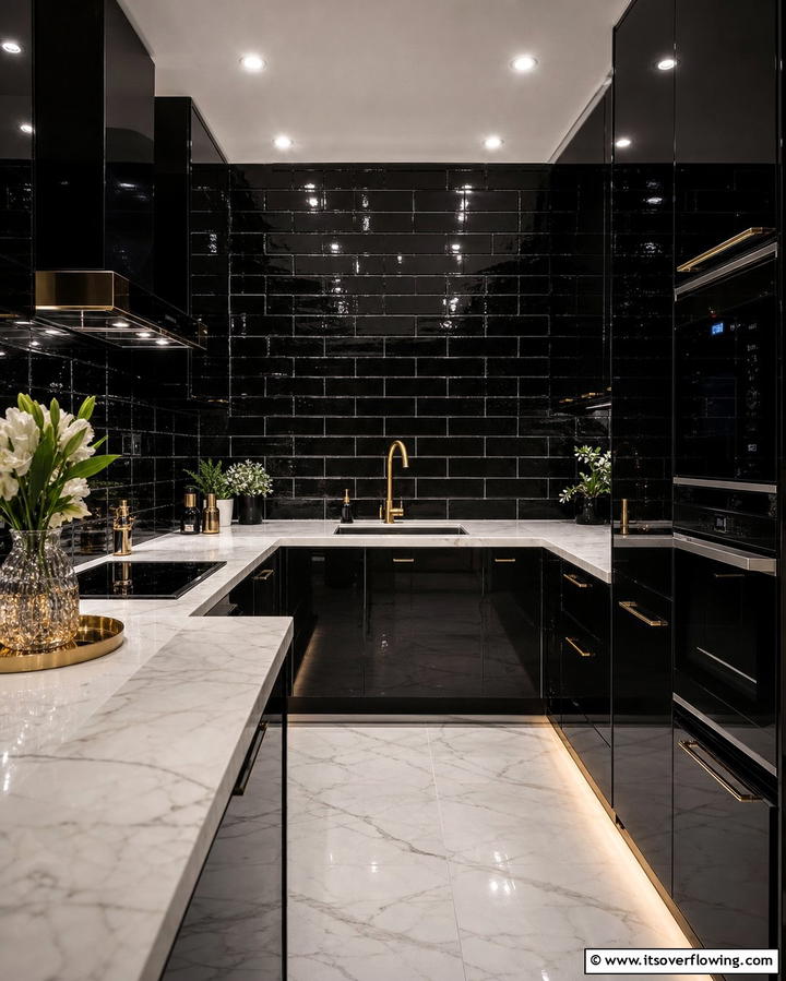 High Gloss Glamour - 25 Kitchen With Black Backsplash Ideas for Drama