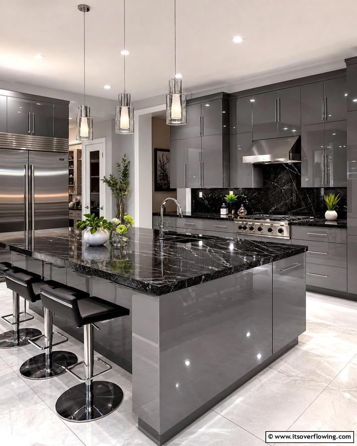 High Gloss Gray Cabinets for Modern Elegance - 25 Kitchen Ideas with Gray Cabinets and Black Countertops