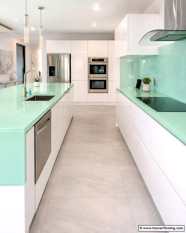 High Gloss Mint Green for a Contemporary Look - 25 Kitchen With Green Countertops Ideas for Freshness