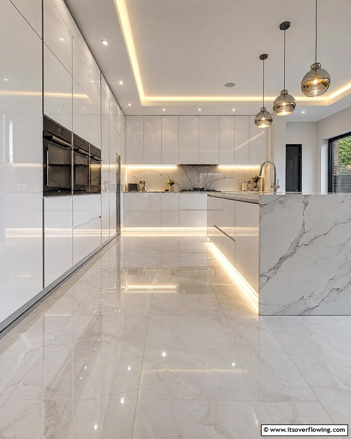 High Gloss Porcelain for a Sleek Look - 25 White Kitchen Floor Ideas for a Bright Space