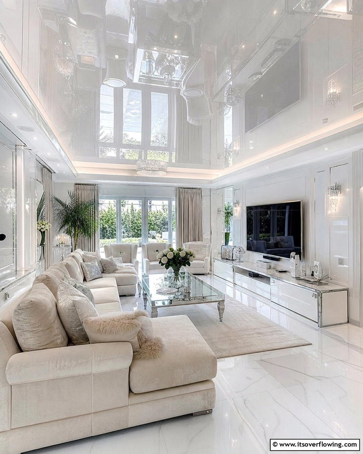 High Gloss Reflective Surfaces - 21 Living Room Ceiling Ideas to Elevate Your Space