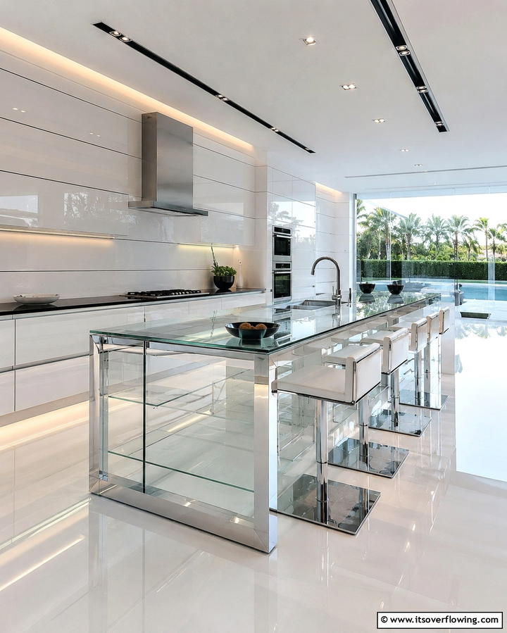 High Gloss Shiplap with a Glass Island - 20 Kitchen Shiplap Ideas with Kitchen Island Designs