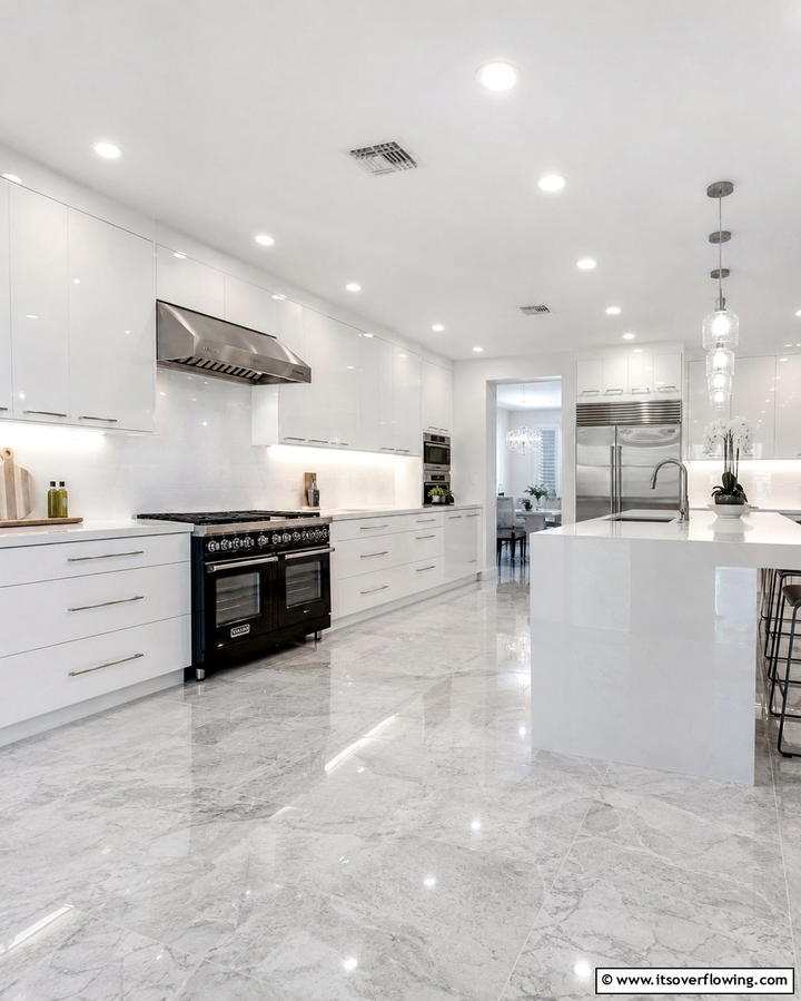High Gloss White Cabinets with Black Oven Range - 30 White Kitchen Designs with Bold Black Appliances