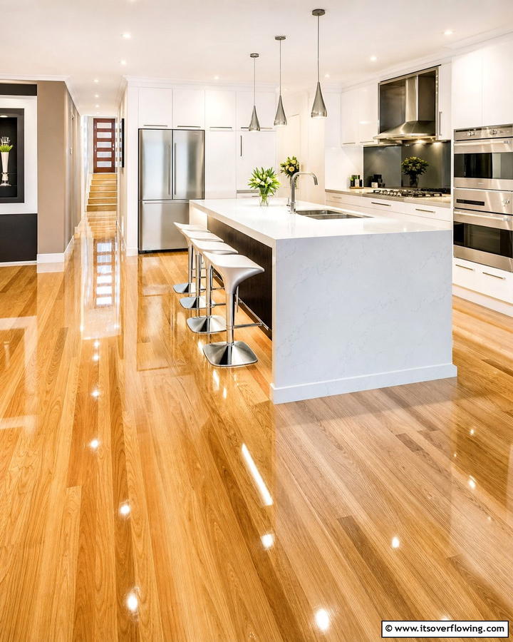 High Gloss Wood Floors for a Polished Look - 20 Kitchens With Wood Floors for a Warm and Inviting Feel