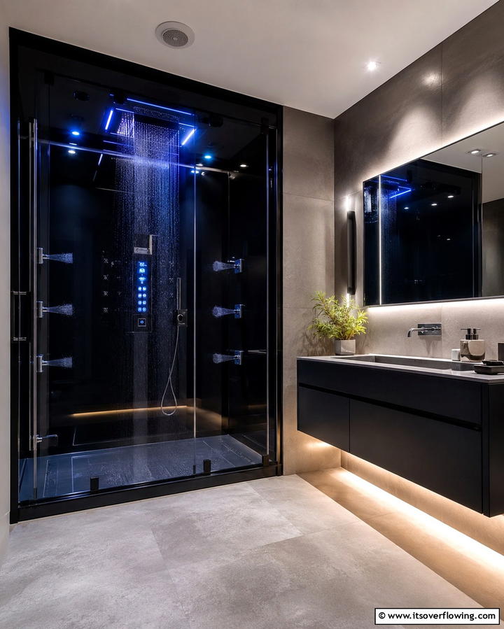 High Tech Digital Shower - 30 Space-Efficient Corner Shower Ideas for Modern Bathrooms