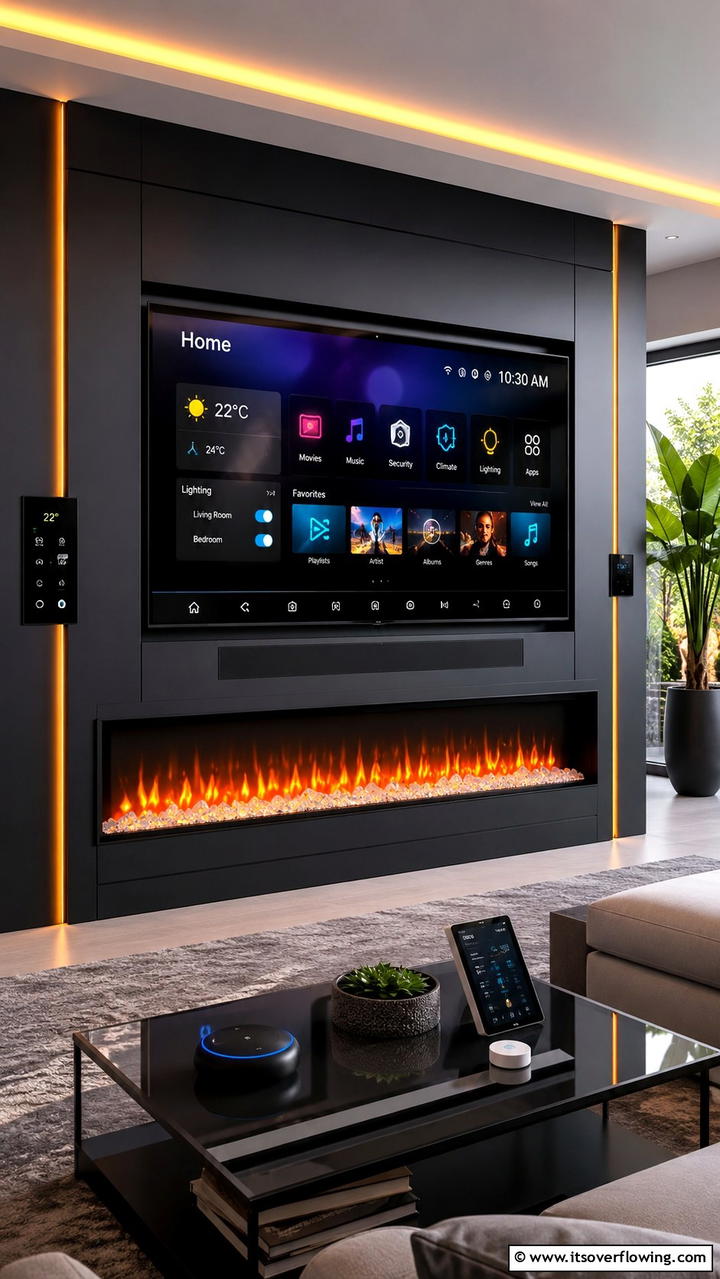 High Tech Electric Fireplace with Interactive TV Panel - 30 Electric Fireplace Ideas With TV Above for Cozy Spaces