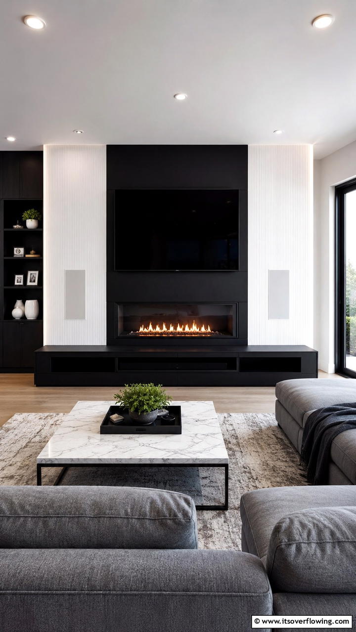 High Tech Hidden Speakers - 21 Stylish TV Over Fireplace Ideas for Modern Living Rooms