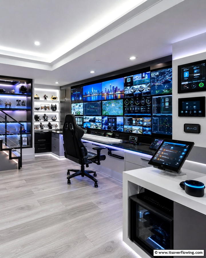 High Tech Home Command Center - 30 Basement Office Ideas for Productive Below-Ground Workspaces