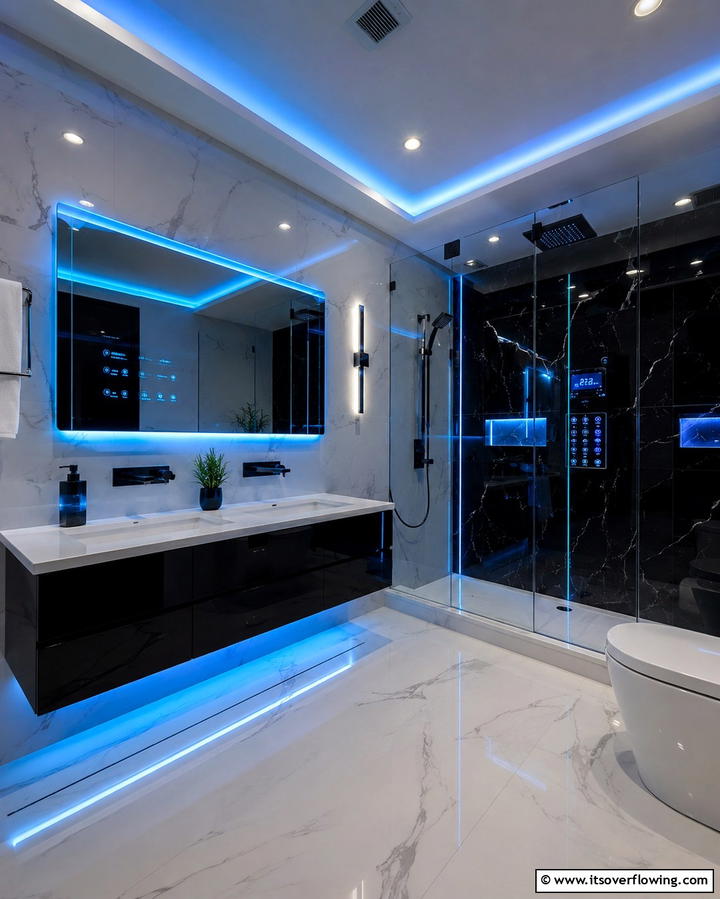 High Tech Integration - 30 Basement Bathroom Ideas for Small and Functional Spaces