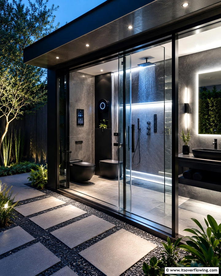 High Tech Outdoor Suite - 30 Outdoor Bathroom Ideas for a Luxurious Backyard Oasis