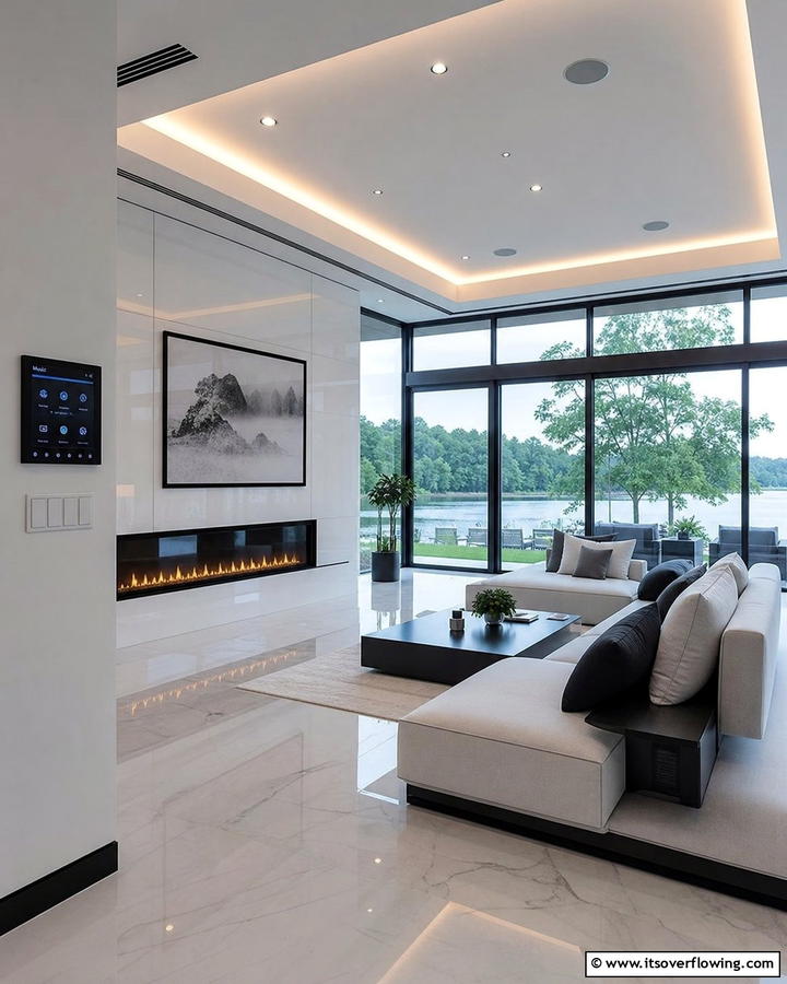 High Tech Sunroom with Modern Fireplace Integration - 30 Sunroom With Fireplace Ideas for Year-Round Comfort