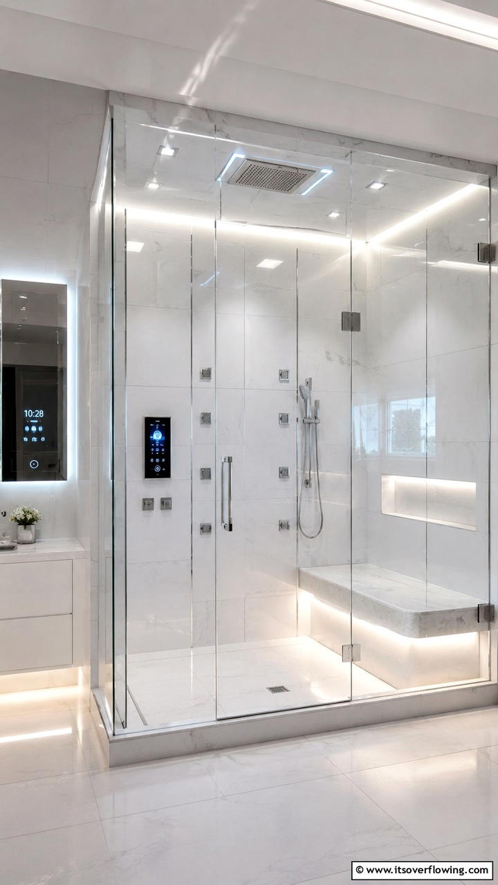 High Tech Walk In Shower with Heated Bench - 21 Walk-In Shower Ideas With Bench for Spa-Like Comfort