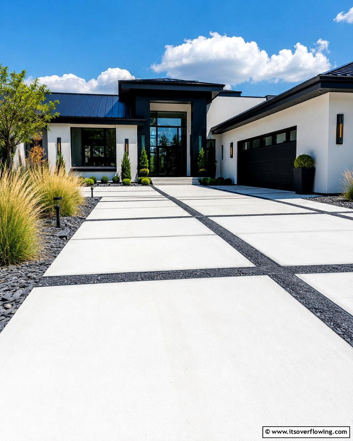 High contrast Concrete Driveway - 30 Durable Concrete Driveway Designs to Enhance Curb Appeal