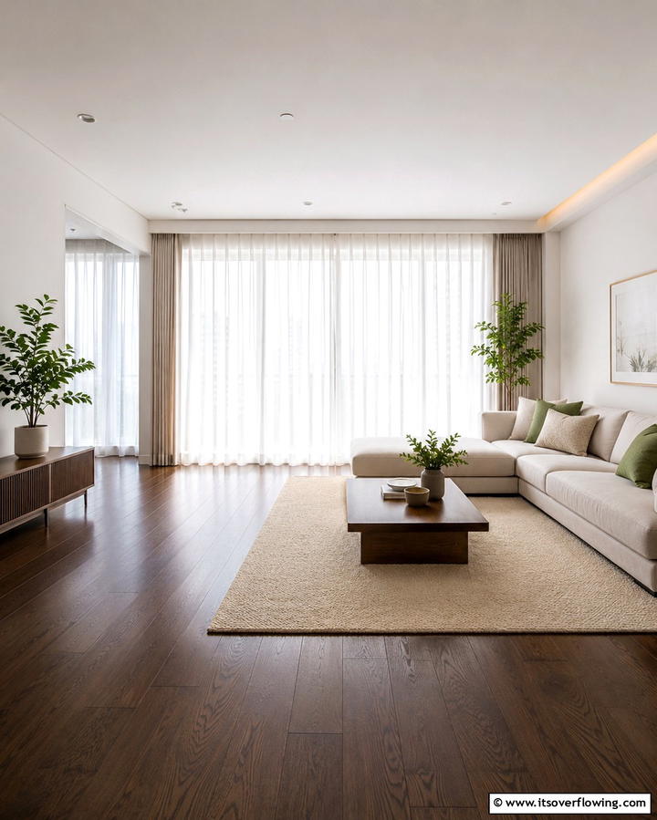 Highlight Natural Light with Sheer Curtains - 25 Dark Brown Floor Living Room Ideas for Warmth