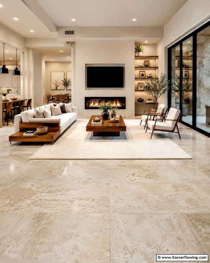 Highlight Natural Stone Flooring - 25 Organic Modern Living Room Design Ideas