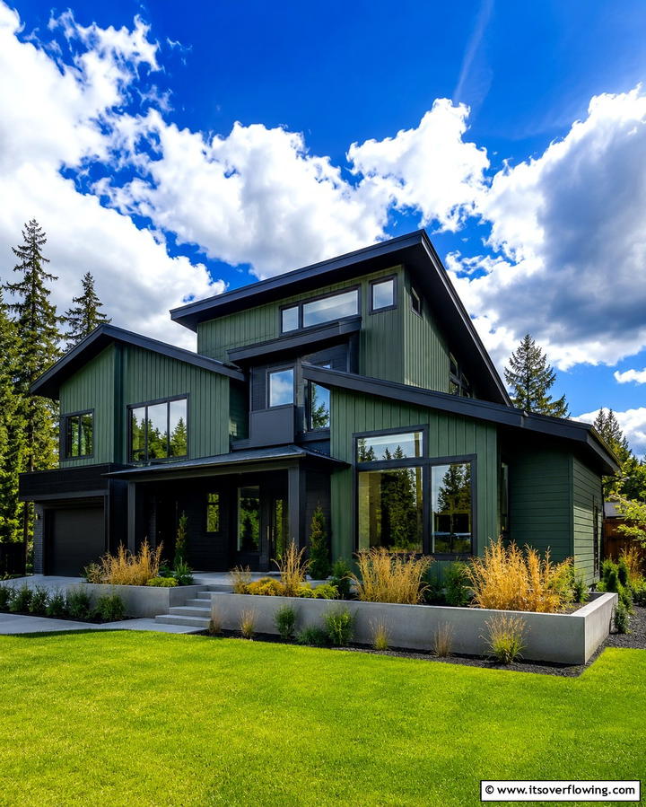 Highlighting Architectural Features with Black Trim - 25 Forest Green House With Black Trim Ideas- Bold & Modern