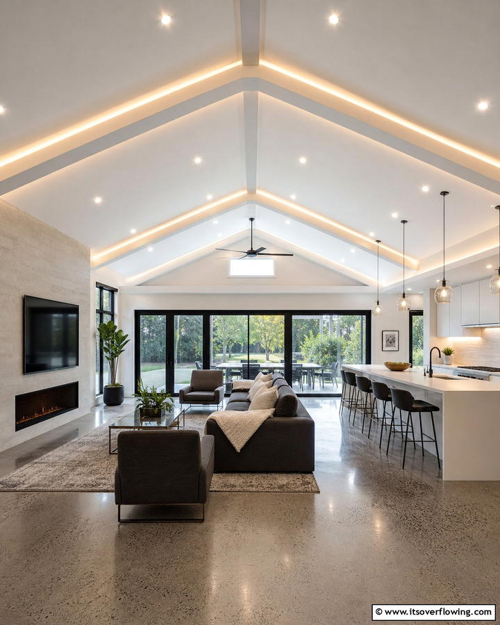 Highlighting Architecture with Recessed Lighting - 20 Open Concept Vaulted Ceiling Living Room Ideas