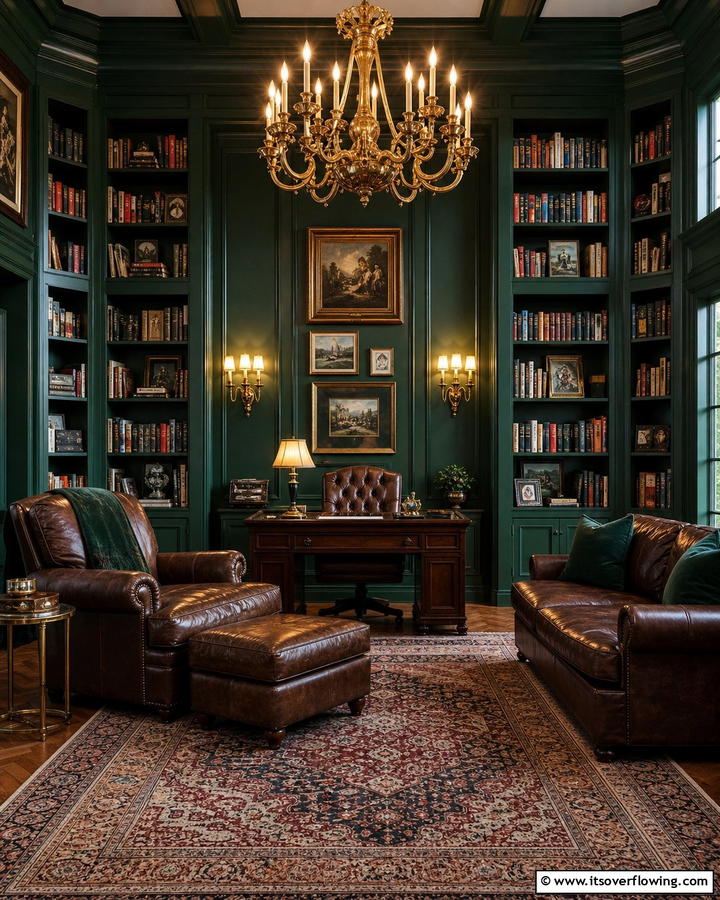 Highlighting Dark Green Walls with Statement Lighting - 20 Dark Green Home Library Ideas and Inspiration