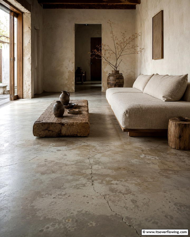 Highlighting Imperfections for Authenticity - 25 Rustic Concrete Floor Living Room Ideas for Style