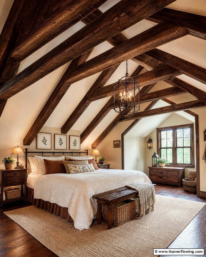 Highlighting the Ceiling with Wood Beams - 25 Low Sloped Ceiling Bedroom Ideas for Unique Spaces