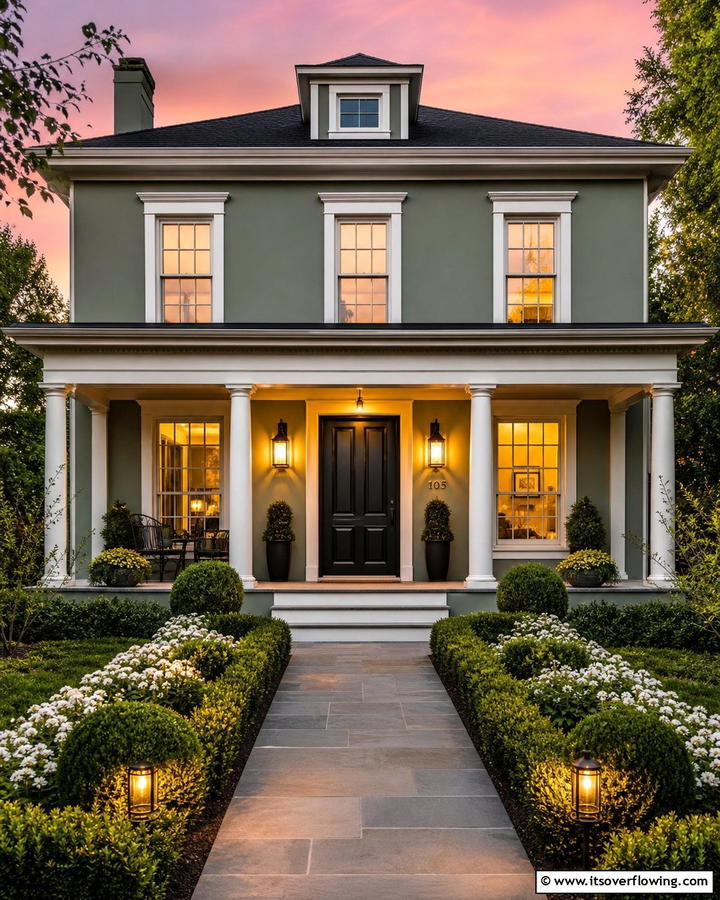 Highlighting the Entryway with Lighting - 20 Sage Green House With Black Door Design Ideas