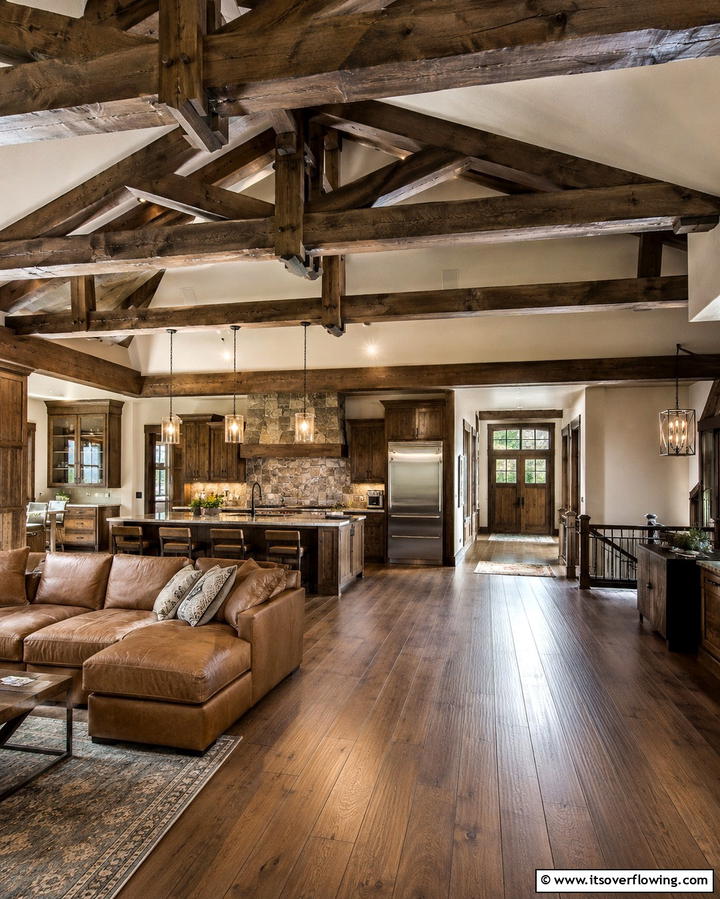 Highlighting with Ceiling Beams - 25 Open Kitchen Living Room Ideas for a Spacious Feel