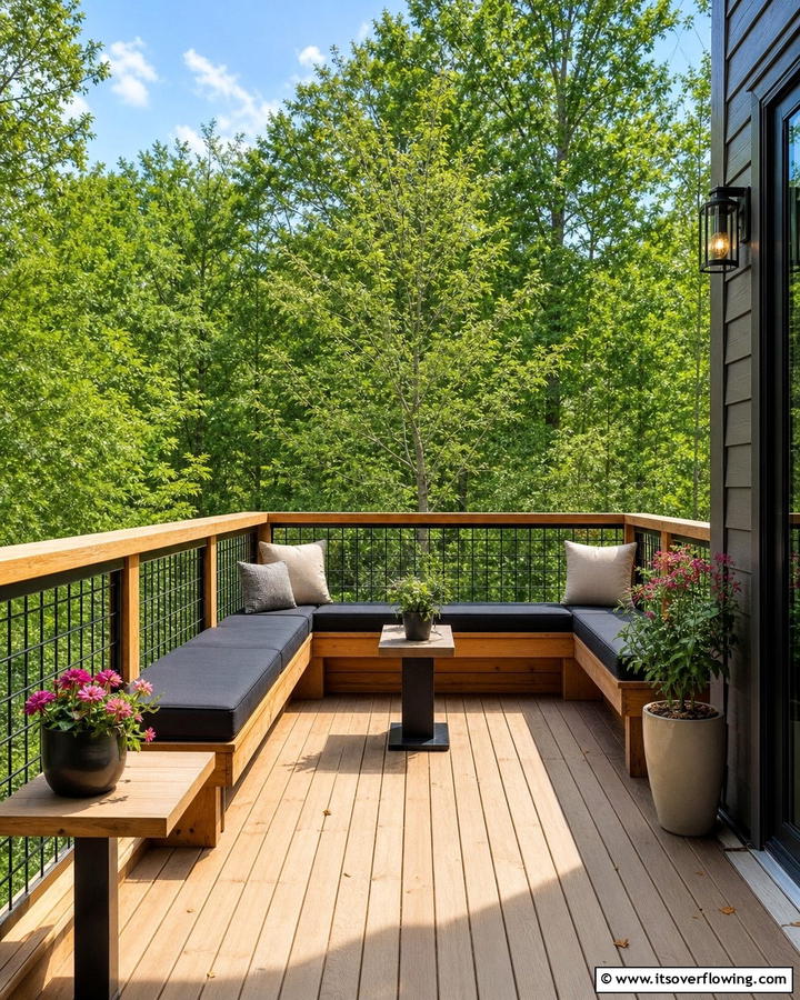 Hog Wire Railing with Built In Seating - 20 Hog Wire Deck Railing Ideas for Rustic Charm
